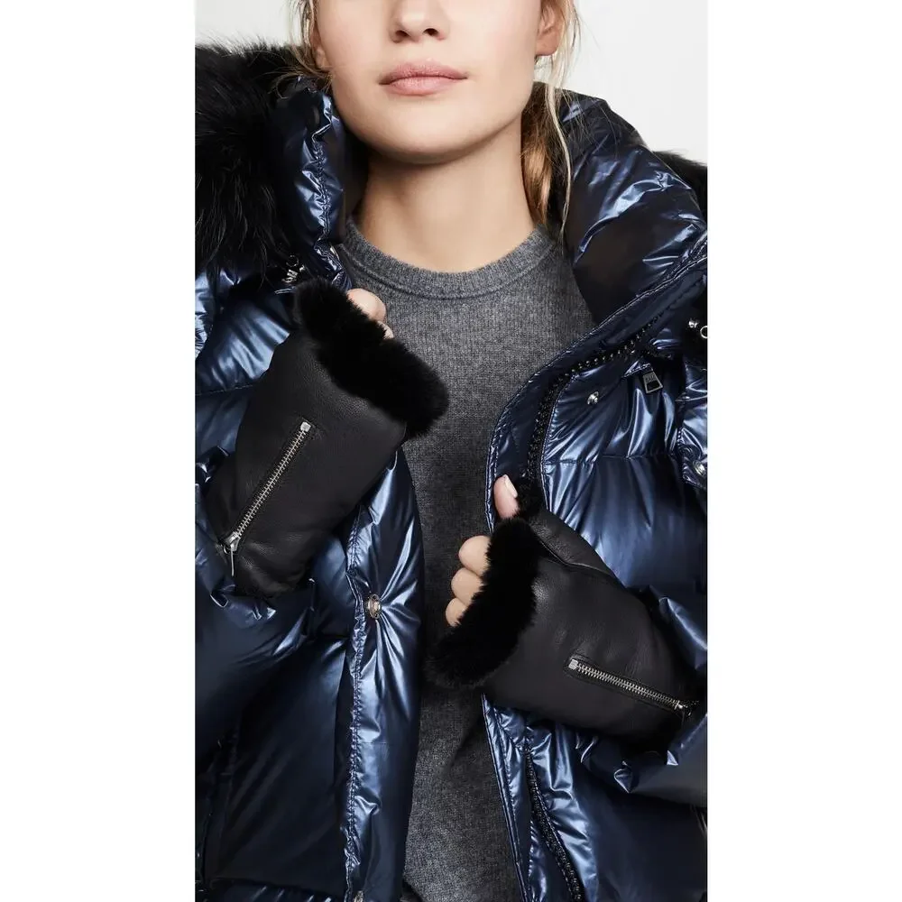 New Agnelle Barbara Fingerless Gloves in Noir Leather Women's Size 2